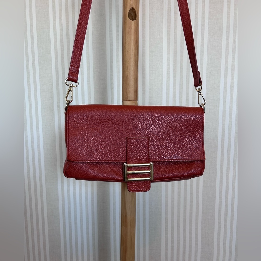 Divina Firenze Italy 100% Pebbled Lea Crossbody Bag Coral Orange Italian Flap